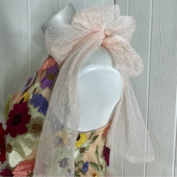 Just Me Floral Appliqué Tiered Dress One Shoulder Peach Pink M Tee Length Prom - Picture 7 of 12